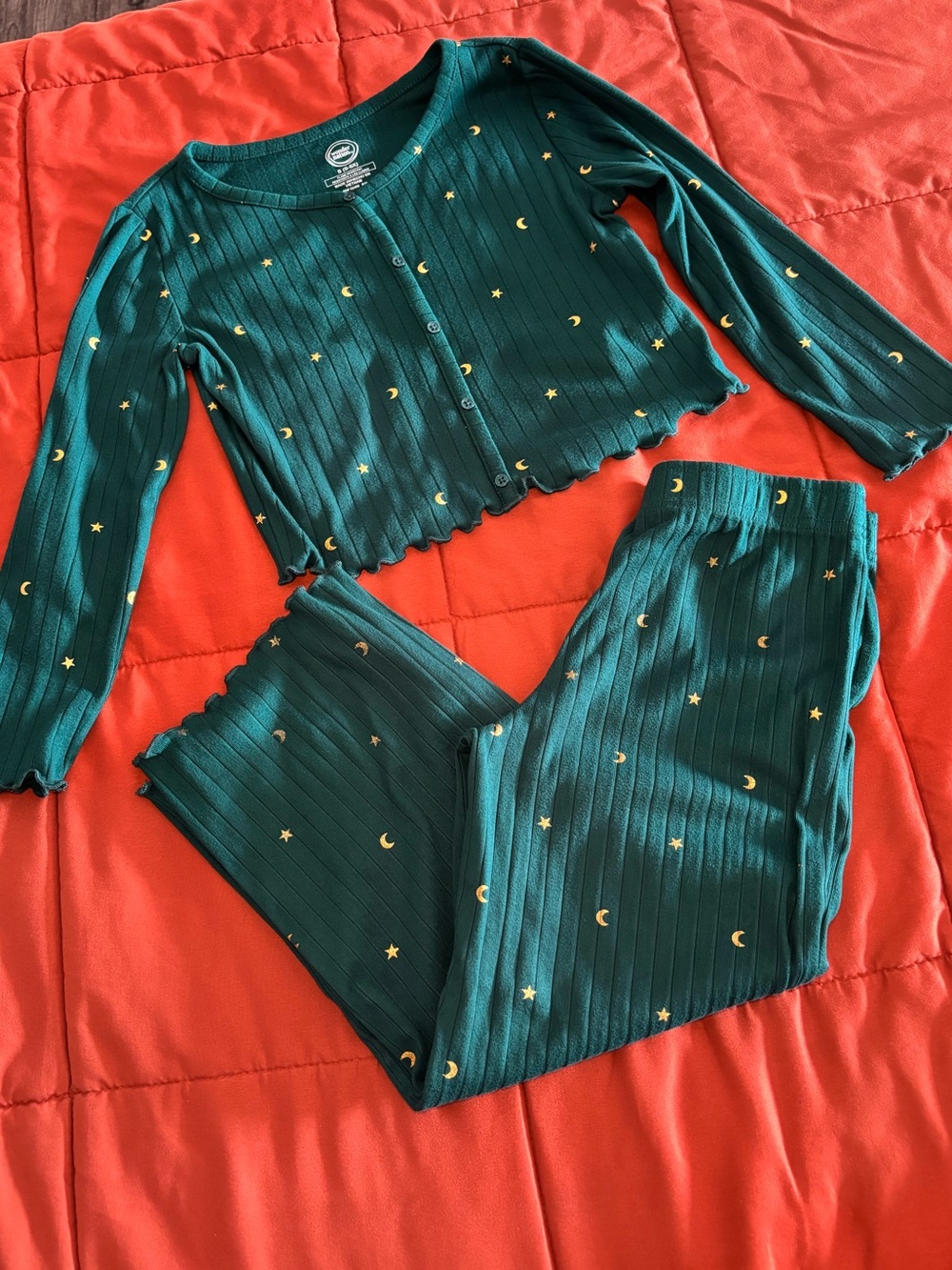 Green Ribbed Moon & Star Pajama Set W/ Gold Star & Moon Accents New!